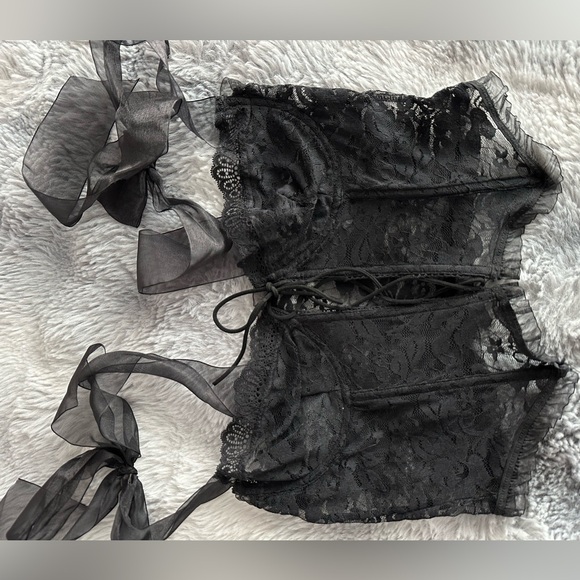 Black Lace Corset Top with Tie Straps. Coquette Victorian Rococo - Picture 2 of 5